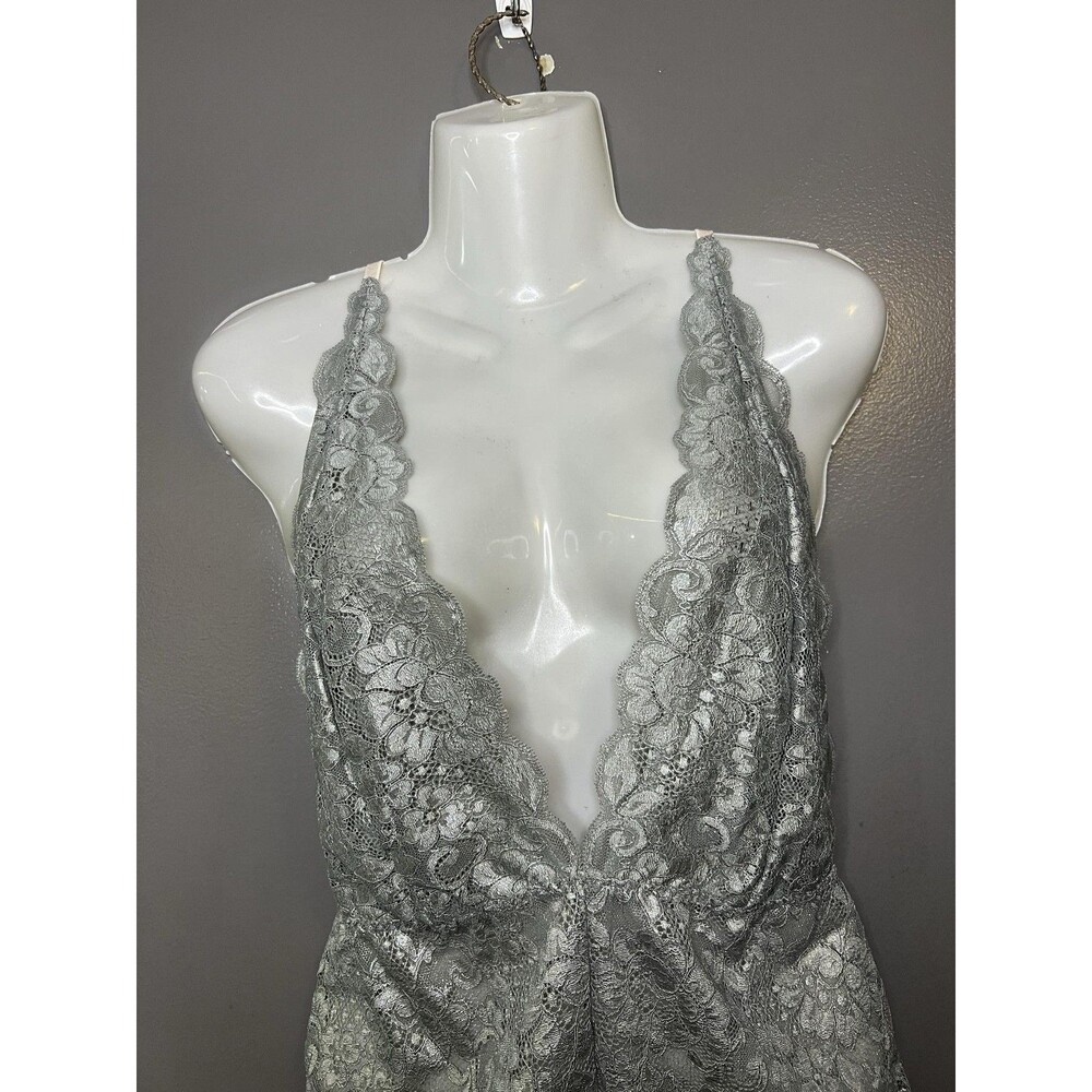 HAH Lace Bodysuit Womens Large Silver Plunge Teddy Sheer Floral Strappy Lingerie